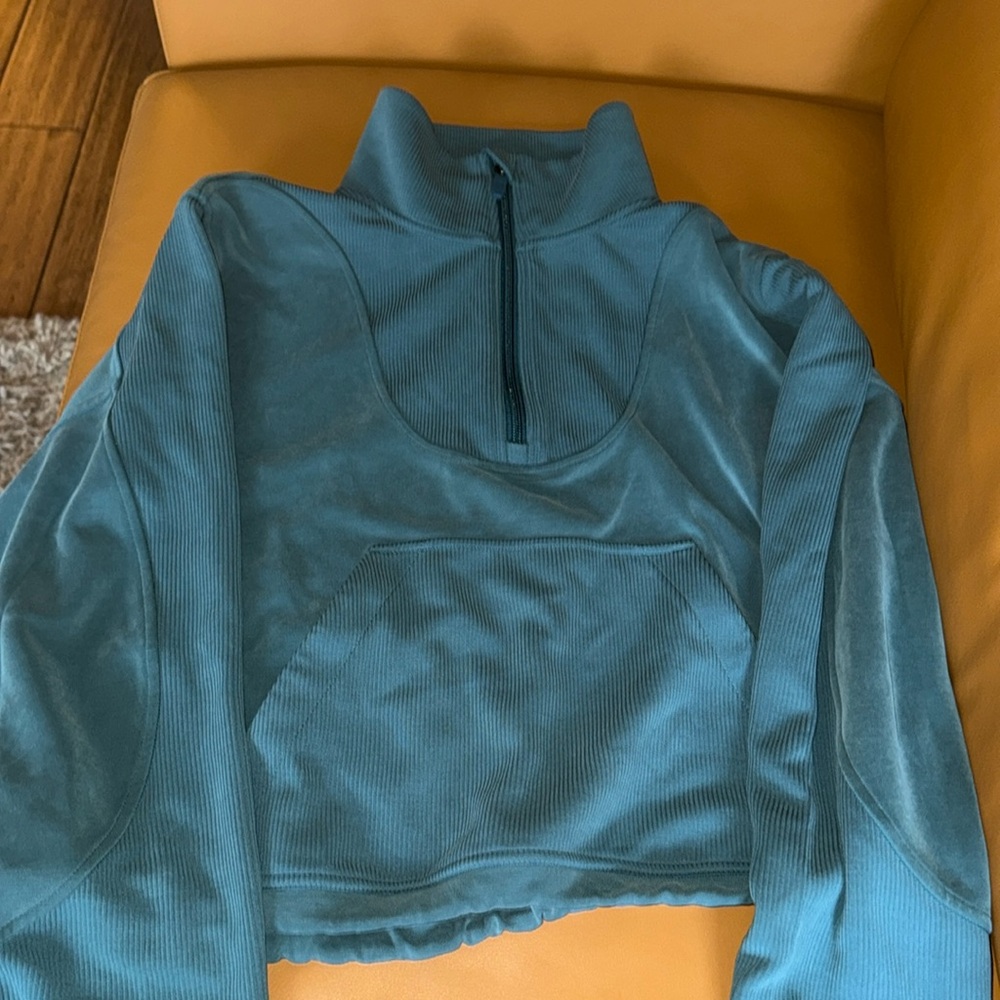 Lululemon Teal 1/2 Zip Cropped Quarter-Zip Sweatshirt with Draw String Waist